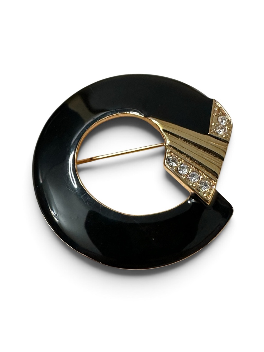 Vintage Monet Black Enamel Rhinestone Art Deco Revival Brooch